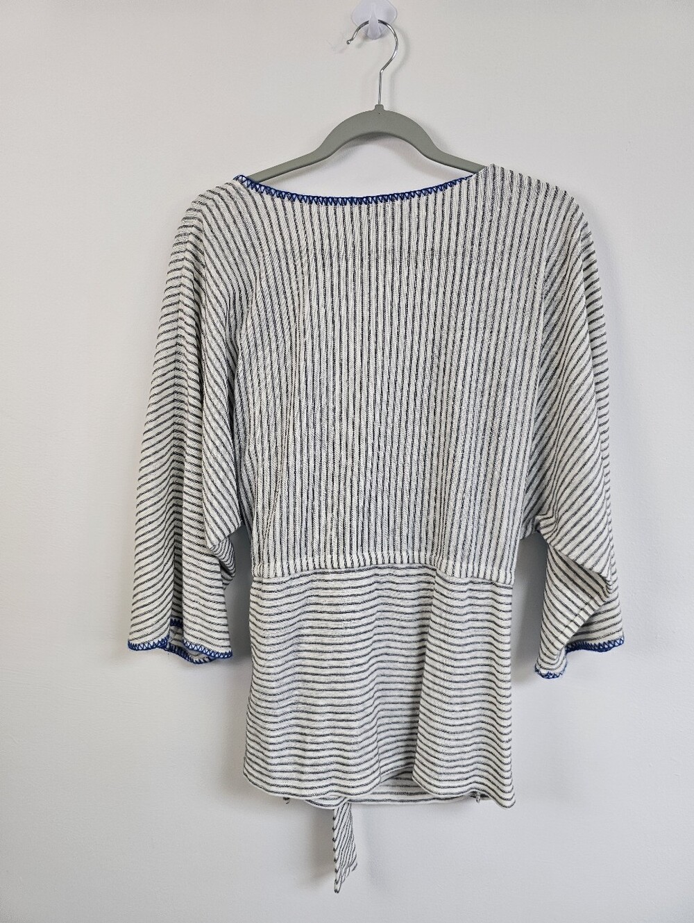 Sundance Freya Yarn Dyed Linen Blend Faux Wrap Striped Whipstitch Blouse - Picture 7 of 8